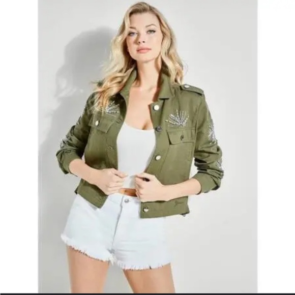 Guess Military Army Green Embellished Gemstone Bling‎ Moto Jacket Cropped Beaded - Picture 3 of 14